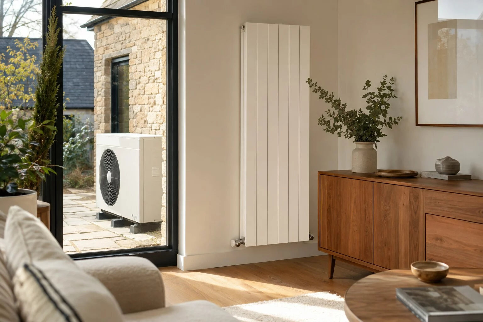 Salon chaleureux avec radiateur vertical et pompe à chaleur visible à l’extérieur
