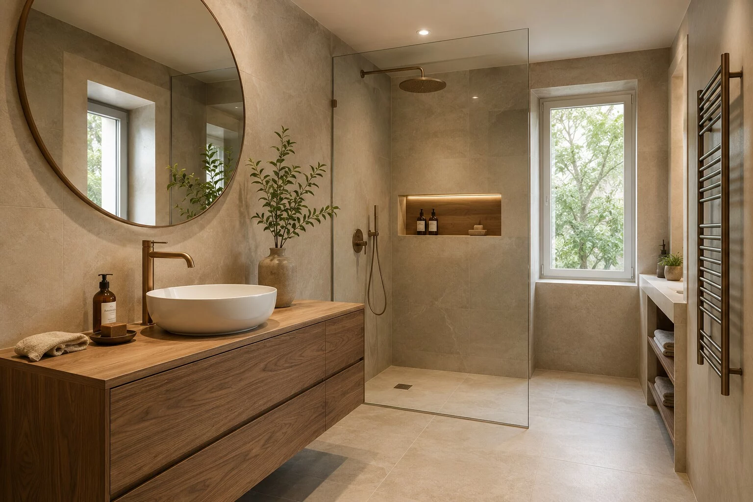 Salle de bain contemporaine en pierre claire avec meuble en bois et douche à l’italienne