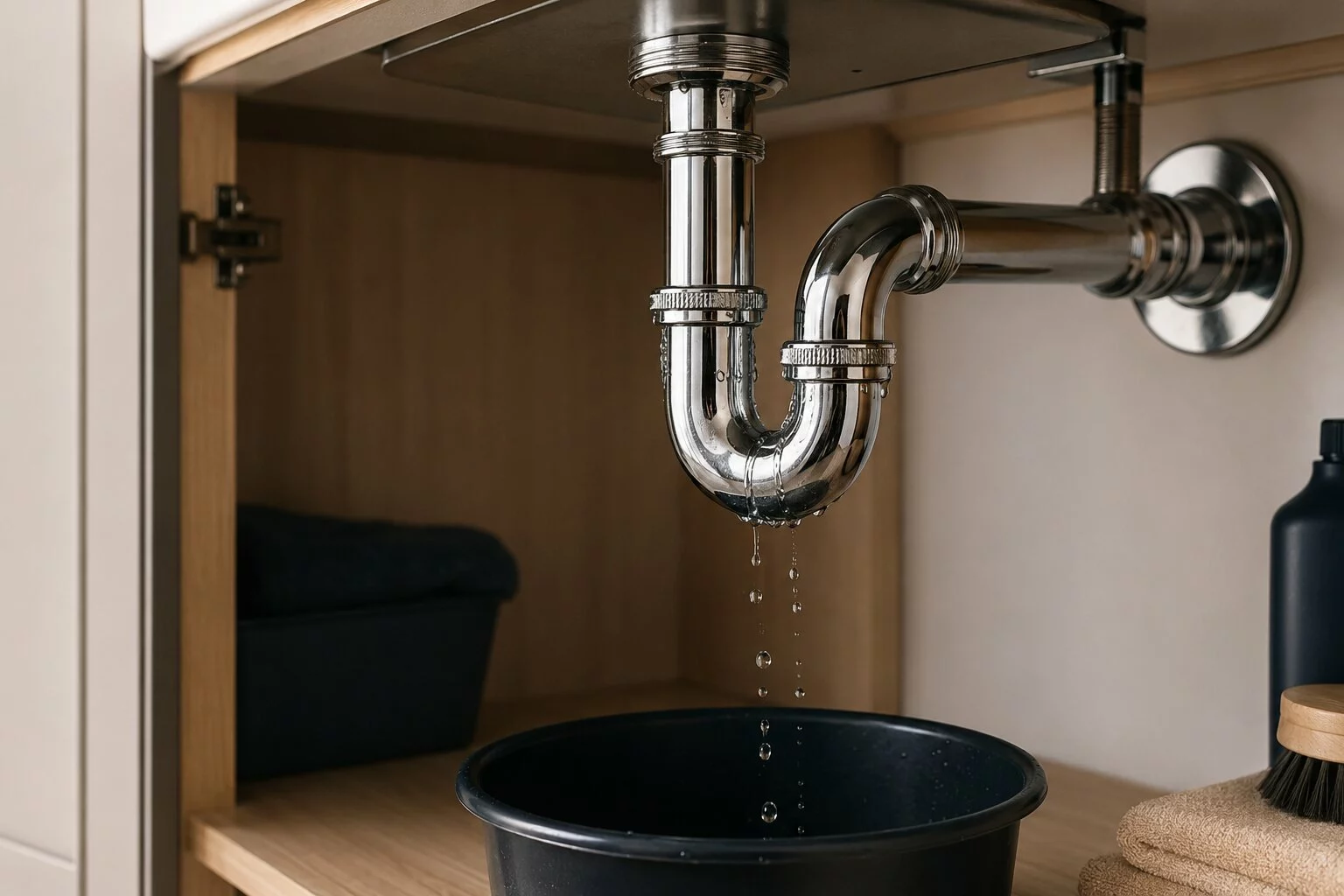 Fuite d’eau visible sur un raccord de plomberie