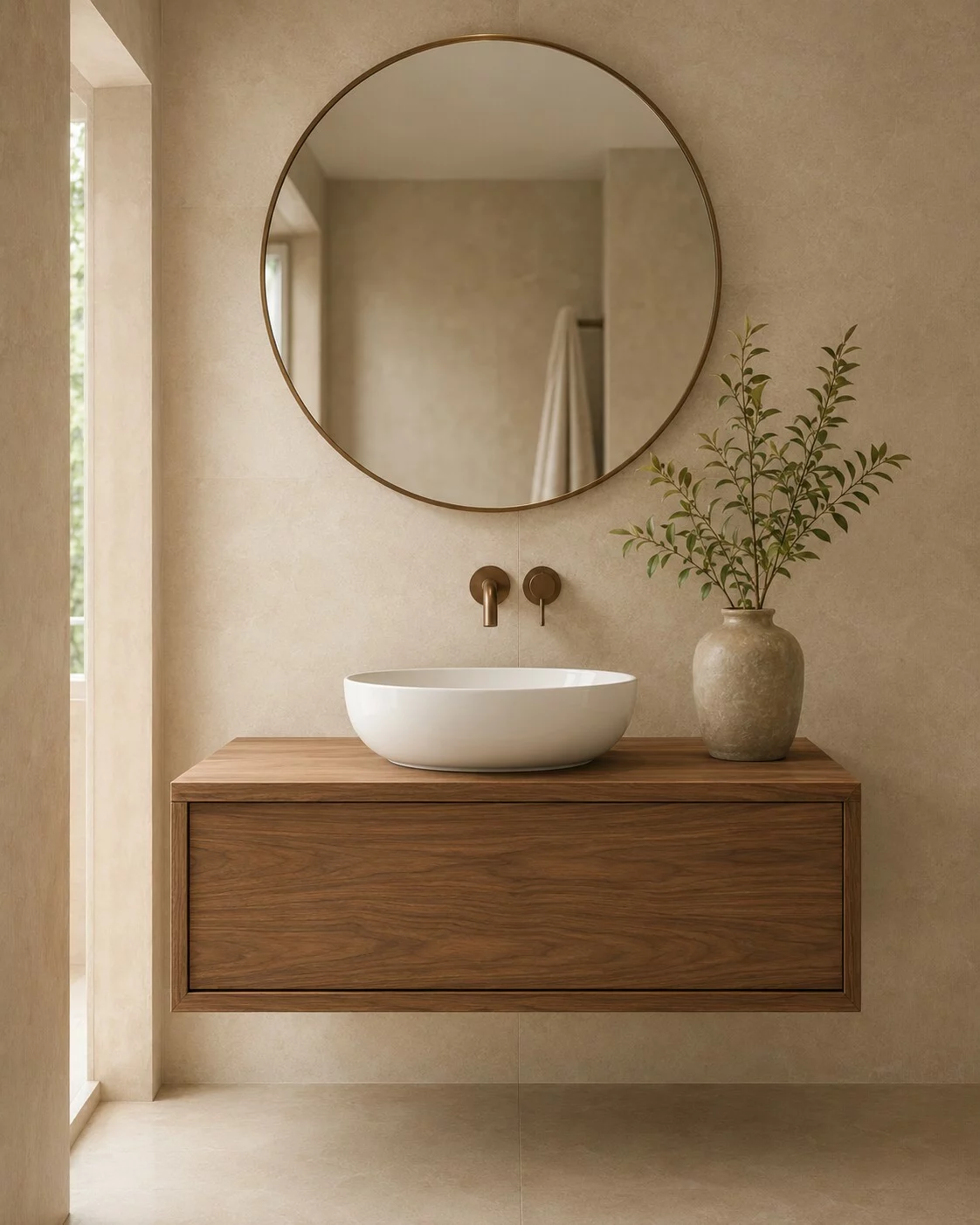 Meuble vasque en bois avec miroir rond