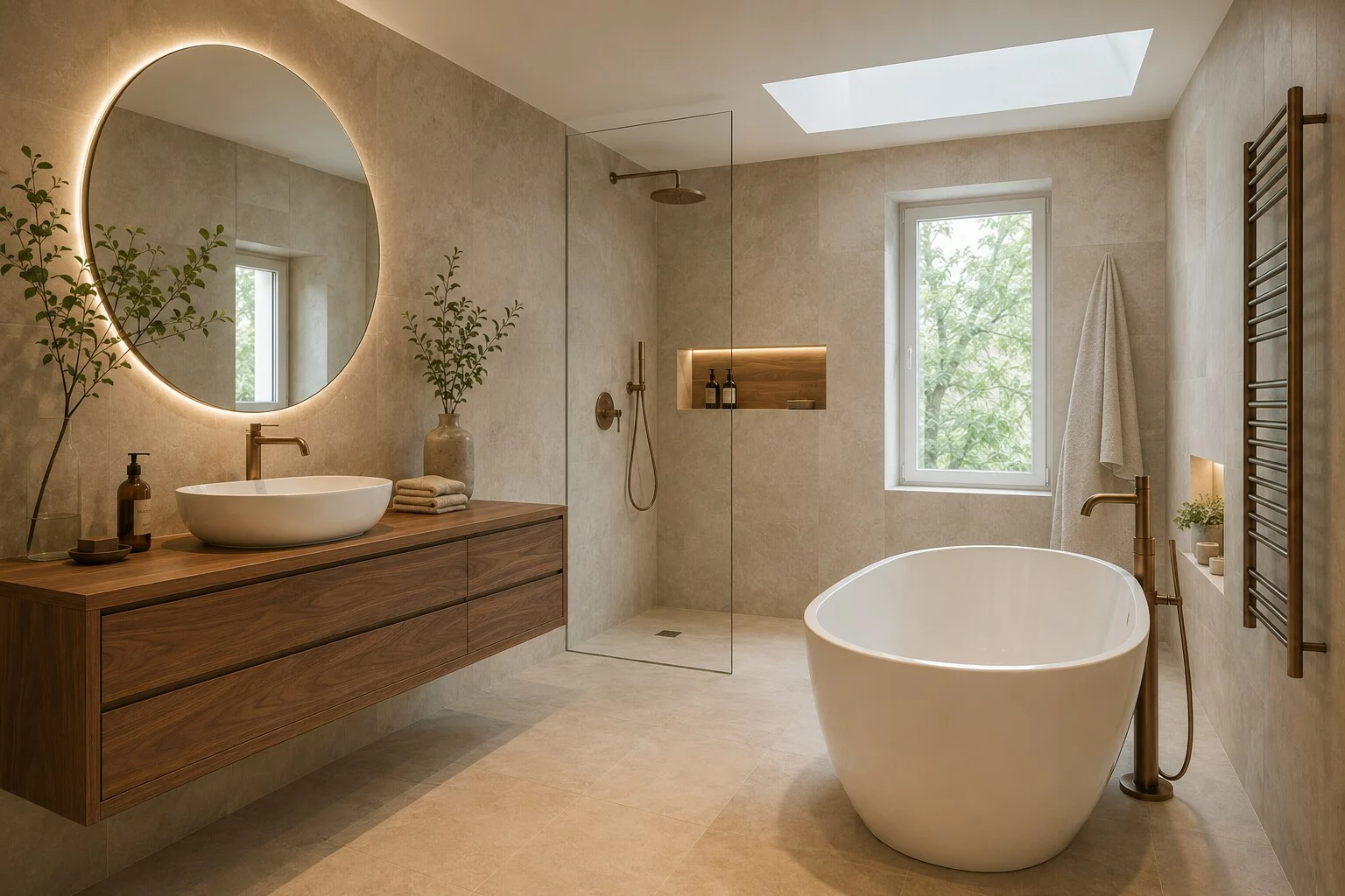 Grande salle de bain rénovée avec baignoire et meuble en bois