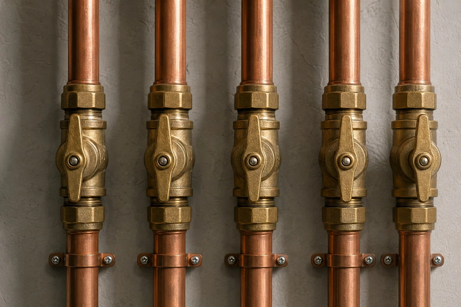 Raccordements en cuivre et vannes d’une installation de chauffage