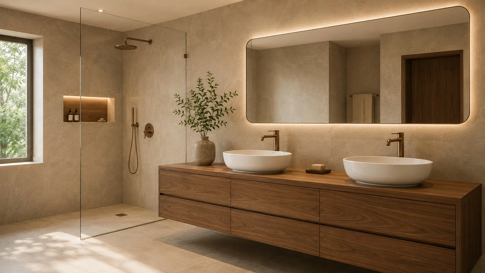 Salle de bain avec double vasque en bois et robinetterie cuivre