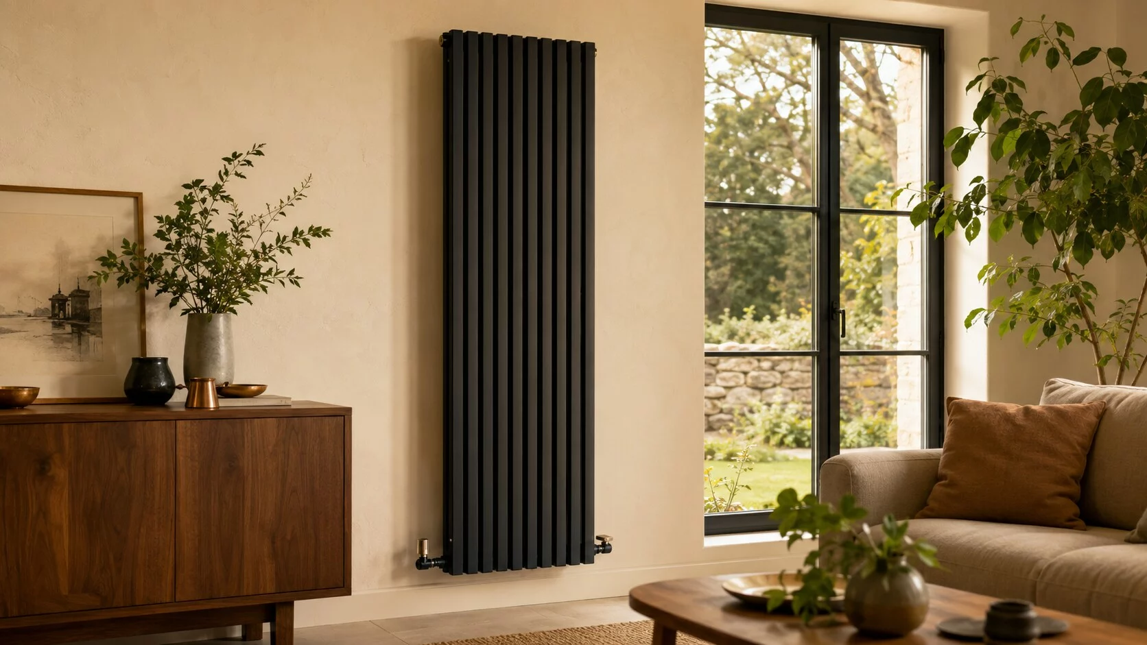 Radiateur vertical dans un salon chaleureux