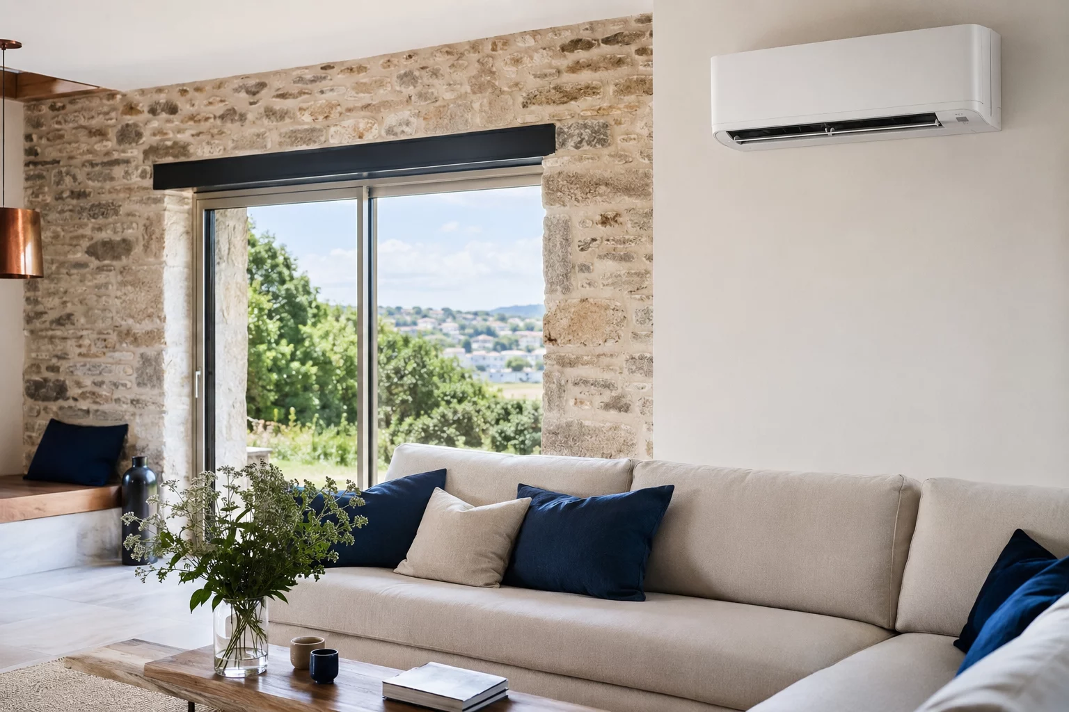 Climatisation réversible intégrée dans un salon lumineux