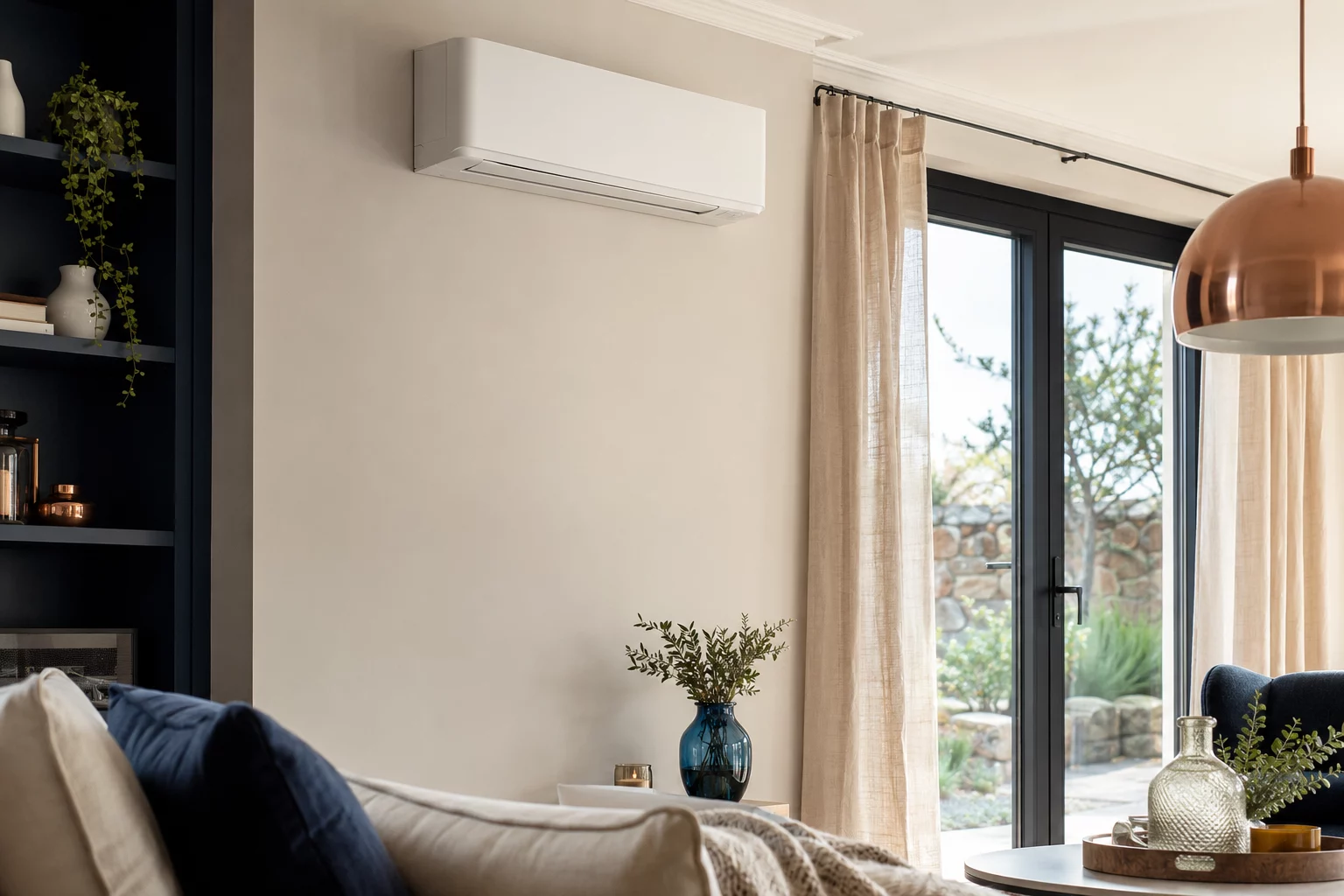 Climatisation réversible discrète dans un salon contemporain à l’ambiance bretonne